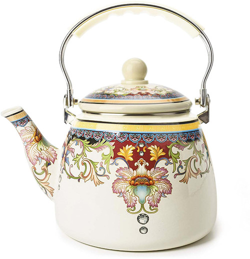 Floral Ceramic Enamel Teapot Tea Kettle for Stovetop,Large Porcelain Enameled Teakettle (3.3QT Mystery flower)