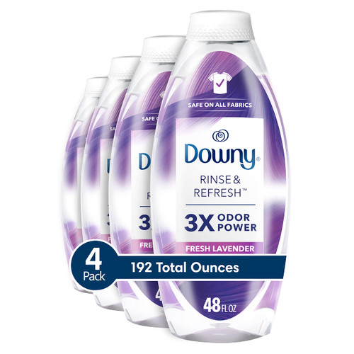 Downy RINSE & REFRESH Laundry Odor Remover and Fabric Softener, Fresh Lavender, 48 fl oz (192 fl oz total), Safe on ALL Fabrics, Gentle on Skin, HE Compatible