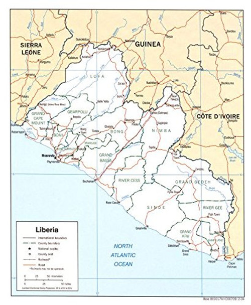 Historic Prints 20" x 24" 2004 Map of Liberia Railroads County Seat Roads Historic Prints 20" x 24" 2004 Map of Liberia Railroads County Seat Roads