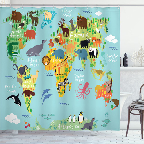 Ambesonne Wanderlust Shower Curtain, Animal Map of The World for Cartoon Mountains Forests, Cloth Fabric Bathroom Decor Set with Hooks, 69" W x 75" L, Pale Blue