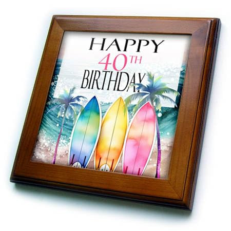 3dRose Happy 40th Birthday With An Ocean Wave and Surfboards - Framed Tiles (ft-382061-1)