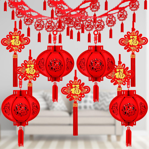 Sumind 11 Pcs Chinese New Year Decorations Lunar New Year Lanterns Chinese New Year Garland Chinese Knot Tassel Hanging Decor 3D Fu Lanterns Luck Ornament for 2024 New Year Eve Party Supplies