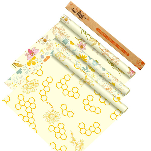 Noveread 3 Rolls Reusable Beeswax Food Wraps 13''x60'' Eco Friendly Sustainable Beeswax Food Storage Wrap Honeycomb Floral Organic Cotton Food Wrap for Sandwich Bread Cheese Fruit