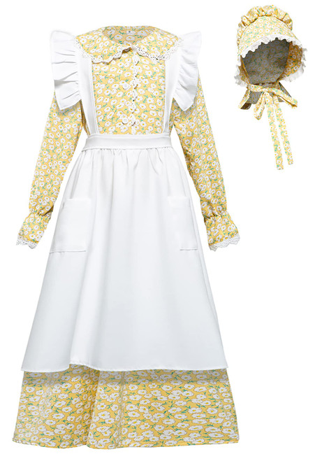 FORTMAC Pioneer Dresses for Girls Prairie Colonial Costume Girls 1800s Pioneer Costume Yellow 6-7Y FORTMAC Pioneer Dresses for Girls Prairie Colonial Costume Girls 1800s Pioneer Costume Yellow 6-7Y