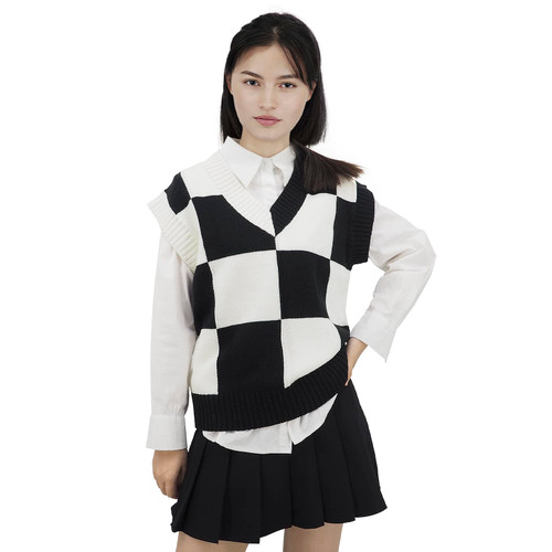 Handmade Wednesday V-Neck Checkered Sweater | Knitted Knit Tunic Sleeveless Preppy Casual Vest | Pullover Top with Necklace (as1, Alpha, l, x_l, Regular, Regular)