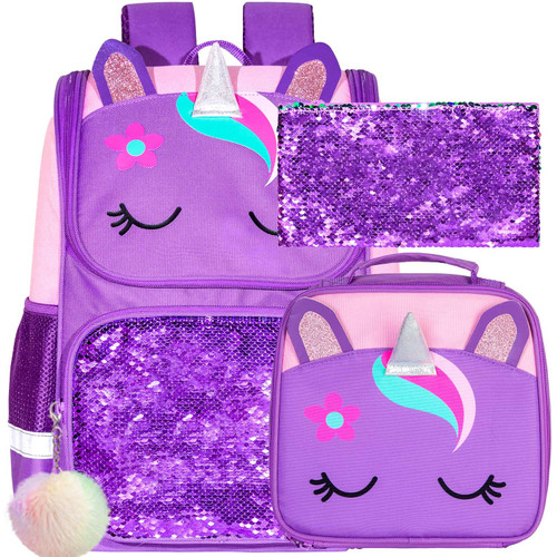 KLFVB 3PCS Unicorn Backpack, 15" Sequin Girls Bookbag with Lunch Box, Kids Preschool School bag for Elementary Students - Purple