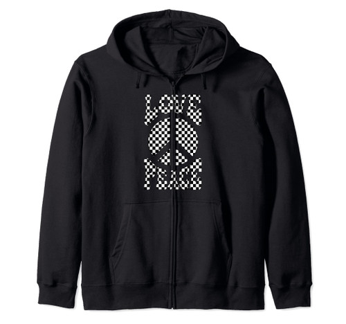 Peace Sign Love Hippie 60S 70S Checkered Checkerboard Print Zip Hoodie