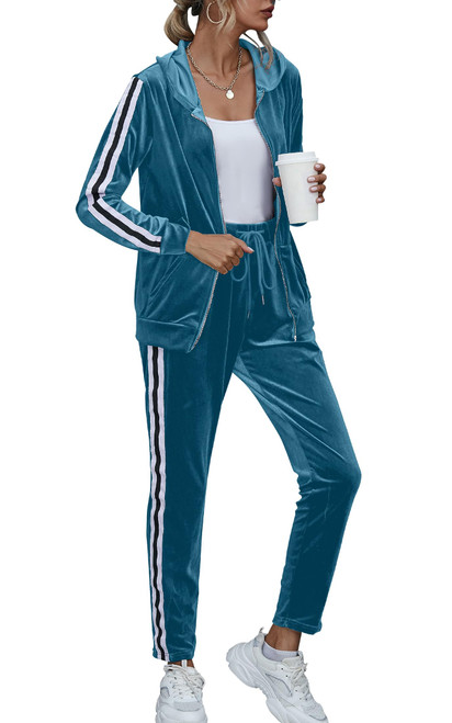 AGSEEM Two Piece Sets for Women Fall Outfits Velvet Tracksuit Sweatsuits Pants Set Jogger Blue 2XL