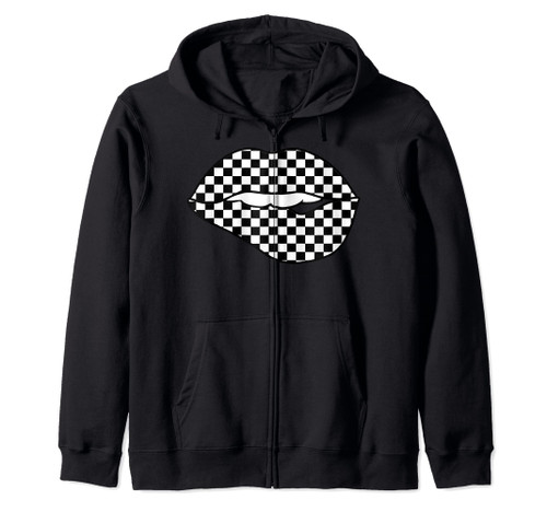 Checkered Black White Lip Checkerboard Zip Hoodie