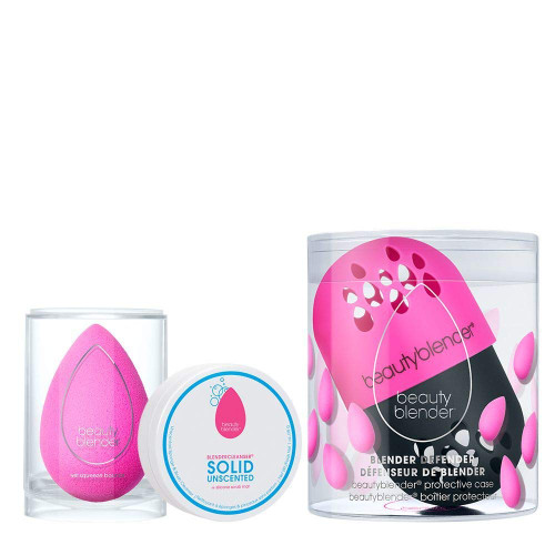 Original Beautyblender Makeup Sponge for Blending Foundations, Blender Defender Case & Solid Blendercleanser Unscented 1oz Set, Vegan and Cruelty Free