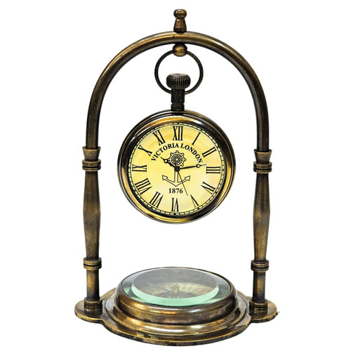DanMart Nautical Clock Ship Table Clock Brass Desk Clock Maritime Brass Compass Antique Victoria London With Japanese Movement