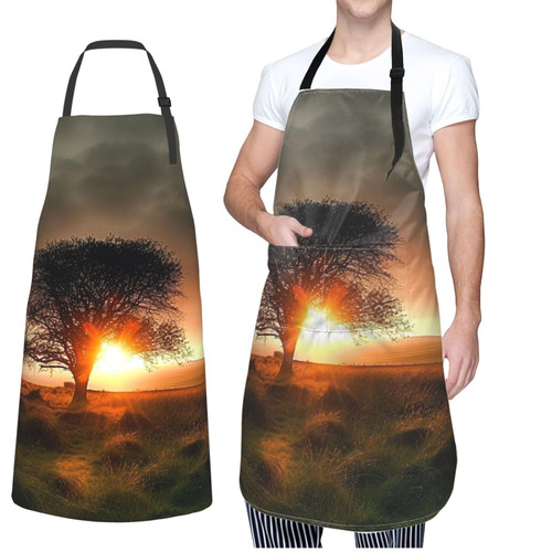 NONHAI 2 Pcs Kitchen Bib Apron with Pockets Natural Sunrise Waterproof Apron Adjustable Cooking Chef Apron for Women Men