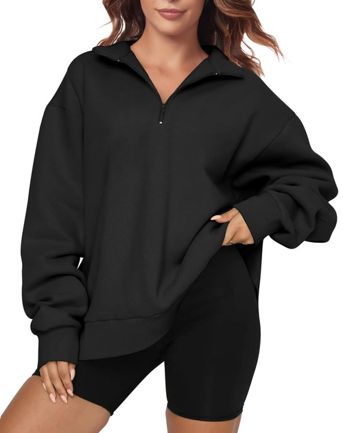 Oversized Sweatshirt for Womens Half Zip Pullover Top Casual Long Sleeve Fleece Sweatshirt Black