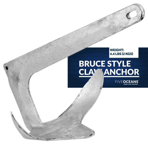 Five Oceans FO4551 Bruce Style Claw Anchor, 4.4 Lb / 2Kg Hot Dipped Galvanized Steel Boat Anchor, for Pontoon, Kayak, Personal Watercraft, Paddleboards, Canoes, Inflatables & Small Fishing Boats