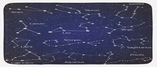 Ambesonne Constellation Kitchen Mat, Doodle Chalk Writing Style Zodiac Star Clusters and Sign Names, Plush Decorative Kitchen Mat with Non Slip Backing, 47" X 19", Blue Dark Blue White