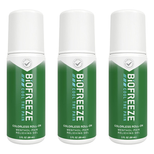 Biofreeze Roll-On Pain-Relieving Gel 3 FL OZ, Colorless (Pack Of 3) Topical Pain Reliever For Muscles And Joints From Arthritis, Backache, Strains, Bruises, & Sprains (Package May Vary)
