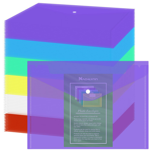 NACHLYNN 108 Pack Plastic Envelopes Poly Envelopes, A4 Size Water Resistant Plastic File Folder with Snap Closure Document Folders Document Organizers Assorted Color for School Office Supplies