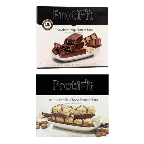 PROTIFIT - Low Calorie Chocolate Crisp & Remix Vanilla-Choco Protein Bar 2 Pack, High Protein, 15g Protein, Low Carb, Low Sugar, Ideal Protein Compatible, 7 Servings Per Box, (2 Pack)