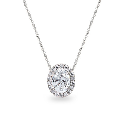 B. BRILLIANT Sterling Silver Synthetic White Sapphire Oval Halo Slide Pendant Necklace with CZ Accents