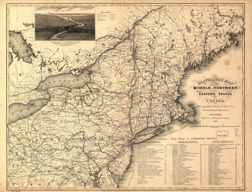 1849 map Traveller's map of the middle, northern, eastern states and Canada showing all the railroad, steamboat, canal and principal stage routes|Size 18x24 - Ready to Frame| Middle Atlantic States|N