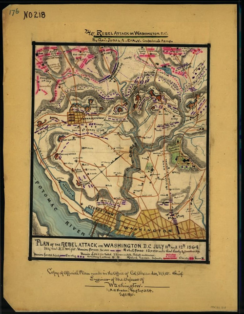 Vintage 1864 Map of Plan of the Rebel attack on Washington, D.C., July 11th and 12th, 1864. As a diversionary measure to take some of the pressure off of besieged Petersburg, Confederate forces unde