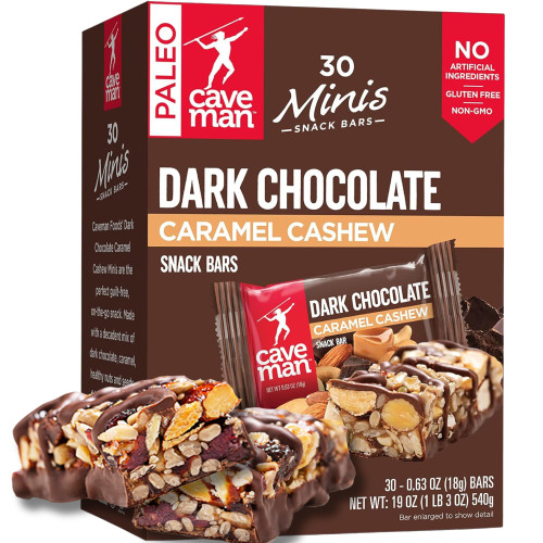 Caveman Foods Dark Chocolate Caramel Cashews Minis, 30-Pack Nutrition Bars Protein Snack, Gluten Free, Paleo Snacks Low Sugar High Protein Energy Bars, Paleo Bars Dark Chocolate Protein Bars Caveman Foods Dark Chocolate Caramel Cashews Minis, 30-Pack Nutrition Bars Protein Snack, Gluten Free, Paleo Snacks Low Sugar High Protein Energy Bars, Paleo Bars Dark Chocolate Protein Bars
