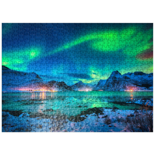 Aurora Borealis Over Sea Coast, Lights at Night. Northern Lights On Lofoten Islands, Norway - Premium 500 Piece Jigsaw Puzzle for Adults Aurora Borealis Over Sea Coast, Lights at Night. Northern Lights On Lofoten Islands, Norway - Premium 500 Piece Jigsaw Puzzle for Adults