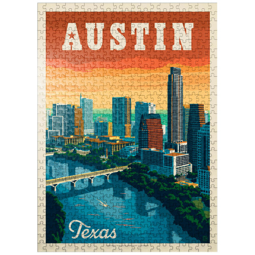 Austin, Texas: Skyline, Vintage Poster - Premium 500 Piece Jigsaw Puzzle for Adults