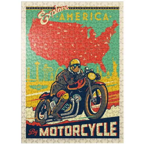 Explore America by Motorcycle, Vintage Poster - Premium 500 Piece Jigsaw Puzzle for Adults