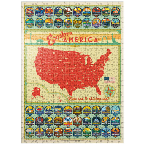 Explore America Map: 50 State Emblems, State Pride Vintage Poster - Premium 500 Piece Jigsaw Puzzle for Adults