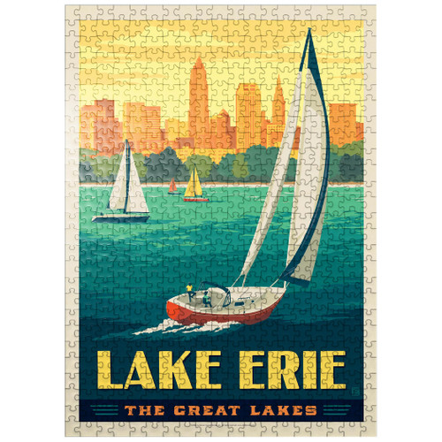 Great Lakes: Lake Erie, Vintage Poster - Premium 500 Piece Jigsaw Puzzle for Adults