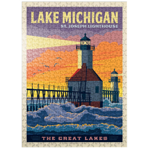 Great Lakes: Lake Michigan, Vintage Poster - Premium 500 Piece Jigsaw Puzzle for Adults