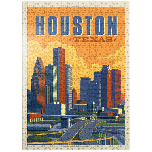 Houston, Texas: Skyline, Vintage Poster - Premium 500 Piece Jigsaw Puzzle for Adults