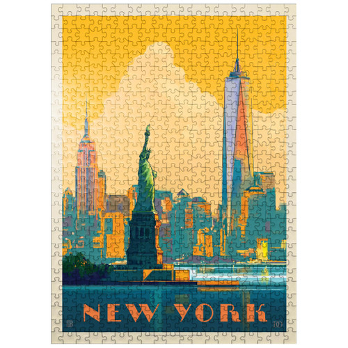 New York City: Skyline Glow, Vintage Poster - Premium 500 Piece Jigsaw Puzzle for Adults