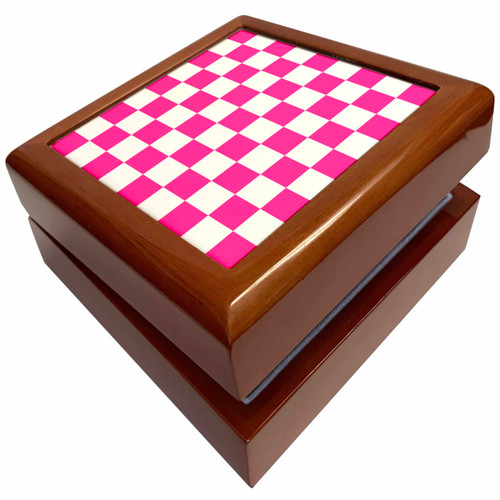 3dRose Checkered hot Pink and White Squares Pattern - Check Checked Checkerboard Chessboard Girly Mosaic, Jewelry Box jb-154533-1