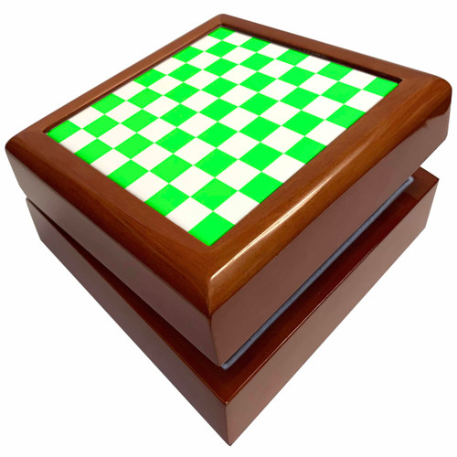 3dRose Checkered neon lime green and white squares pattern - check checked checkerboard chessboard, Jewelry Box jb-154537-1