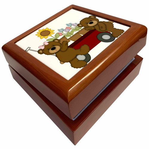 3dRose Cute Brown Teddy Bears With A Wheelbarrow Full Of Potted Flowers, Jewelry Box jb-222509-1