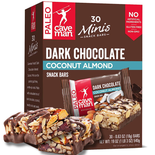 Caveman Foods Dark Chocolate Coconut Almond Minis, 30-Pack Nutrition Bars Protein Snack, Gluten Free, Paleo Snacks Bars Low Sugar High Protein Energy Bars, Paleo Bars Dark Chocolate Protein Bars Caveman Foods Dark Chocolate Coconut Almond Minis, 30-Pack Nutrition Bars Protein Snack, Gluten Free, Paleo Snacks Bars Low Sugar High Protein Energy Bars, Paleo Bars Dark Chocolate Protein Bars