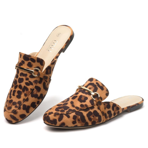 MUSSHOE Mules for Women Flats Comfortable Slip on Women Mules Backless Loafers,Leopard Suede 7