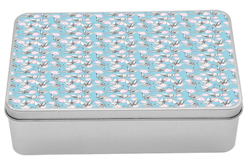 Lunarable Origami Metal Box, Japanese Tradition Paper Cranes and Cherry Blossom Petals Spring, Multi-Purpose Rectangular Tin Box Container with Lid, 7.2" X 4.7" X 2.2", Pale Pink Pale Blue White