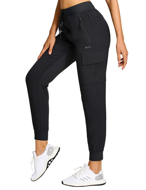 BVVU Women's Cargo Joggers Hiking Pants High Wasited Lightweight Quick Dry with Zipper Pockets Waterproof Athletic Sweatpants Black