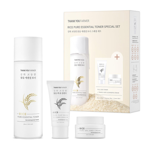 [Limited Edition] THANKYOU FARMER Rice Pure Skincare Gift Set, Full Size Toner(7.03 fl oz) + Travel Size Face Cleanser & Cream(1.05 fl oz), Korean Skincare Set for Women, Holiday Set