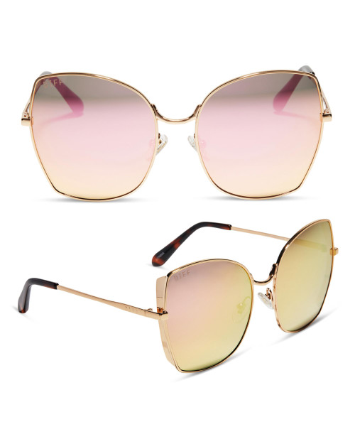 DIFF Lonna Oversized Lightweight Sunglasses for Women, Gold + Cherry Blossom Mirror