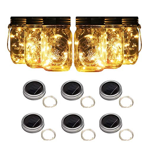 6 Pack Solar Mason Jar Lights, 10 Led String Fairy Firefly Lights Lids Insert for Regular Mouth Jars, Mason Jar,Patio,Lawn,Garden Decor (6, Warm White)