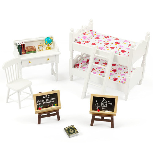 SAMCAMI Miniature Dollhouse Furniture 1 12 Scale - Wooden Dollhouse Bed Set - Doll House Furniture Toys Incl Doll Bed, Desk, Books, blackboards and Other Dollhouse Accessories
