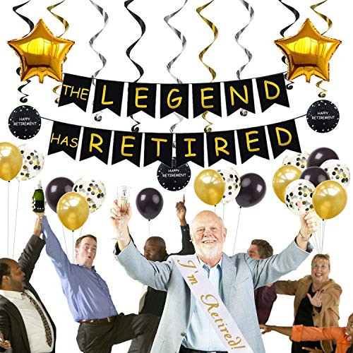 Retirement Party Decorations Black and Gold, The Legend Has Retired Banner, Hanging Swirl Decorations, I'm Retired Satin Sash, Confetti Balloons, Latex Balloons Retirement Supplies 074