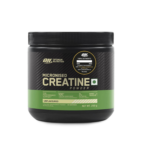 QRA Optimum Nutrition (ON) Micronized Creatine Powder - 250 Gram, 83 Serves, 3g of 100% Creatine Monohydrate per Serve, Supports Athletic Performance & Power, Unflavored QRA Optimum Nutrition (ON) Micronized Creatine Powder - 250 Gram, 83 Serves, 3g of 100% Creatine Monohydrate per Serve, Supports Athletic Performance & Power, Unflavored