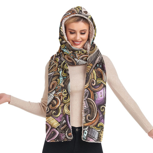 Augenstern Hooded Scarf With Pockets Scissors-beautician Warm Long Hooded Scarf with Mittens