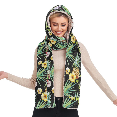 Augenstern Hooded Scarf With Pockets Tropical-hawaii-watercolor-pineapple-hibiscus Warm Long Hooded Scarf with Mittens