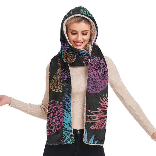 Augenstern Hooded Scarf With Pockets Watercolor-multi-pineapple Warm Long Hooded Scarf with Mittens